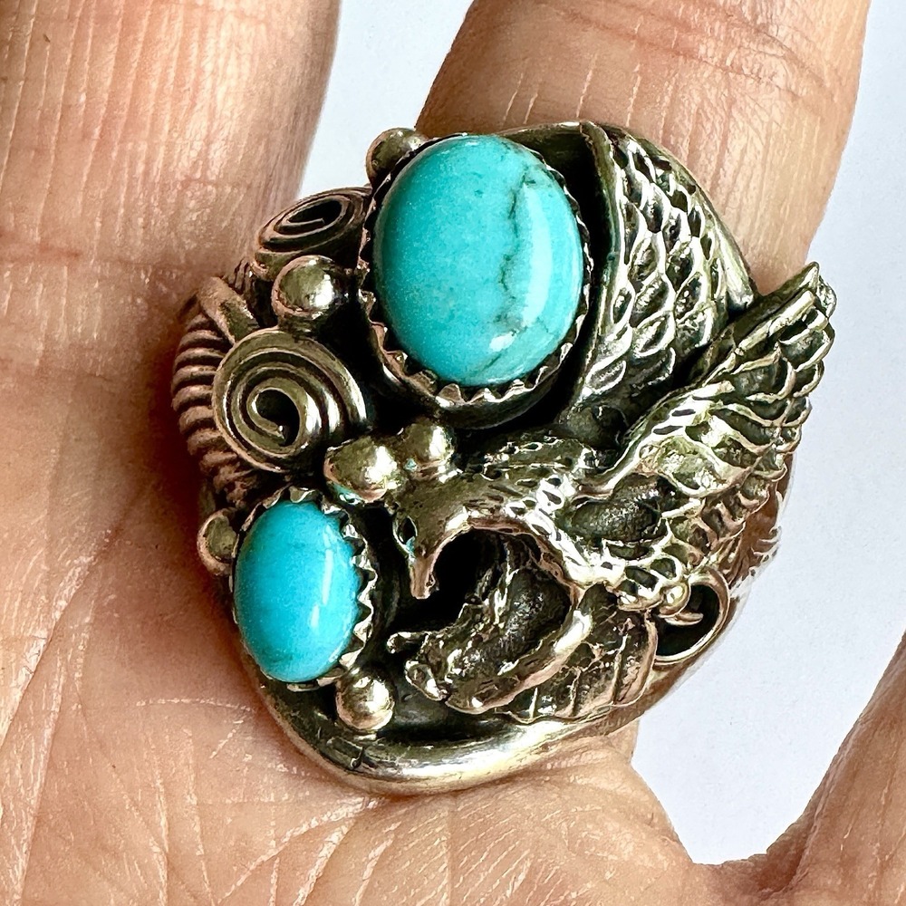 Navajo Eagle Mens Ring Turquoise Sz 13 Signed DM Sterling Native American USA
